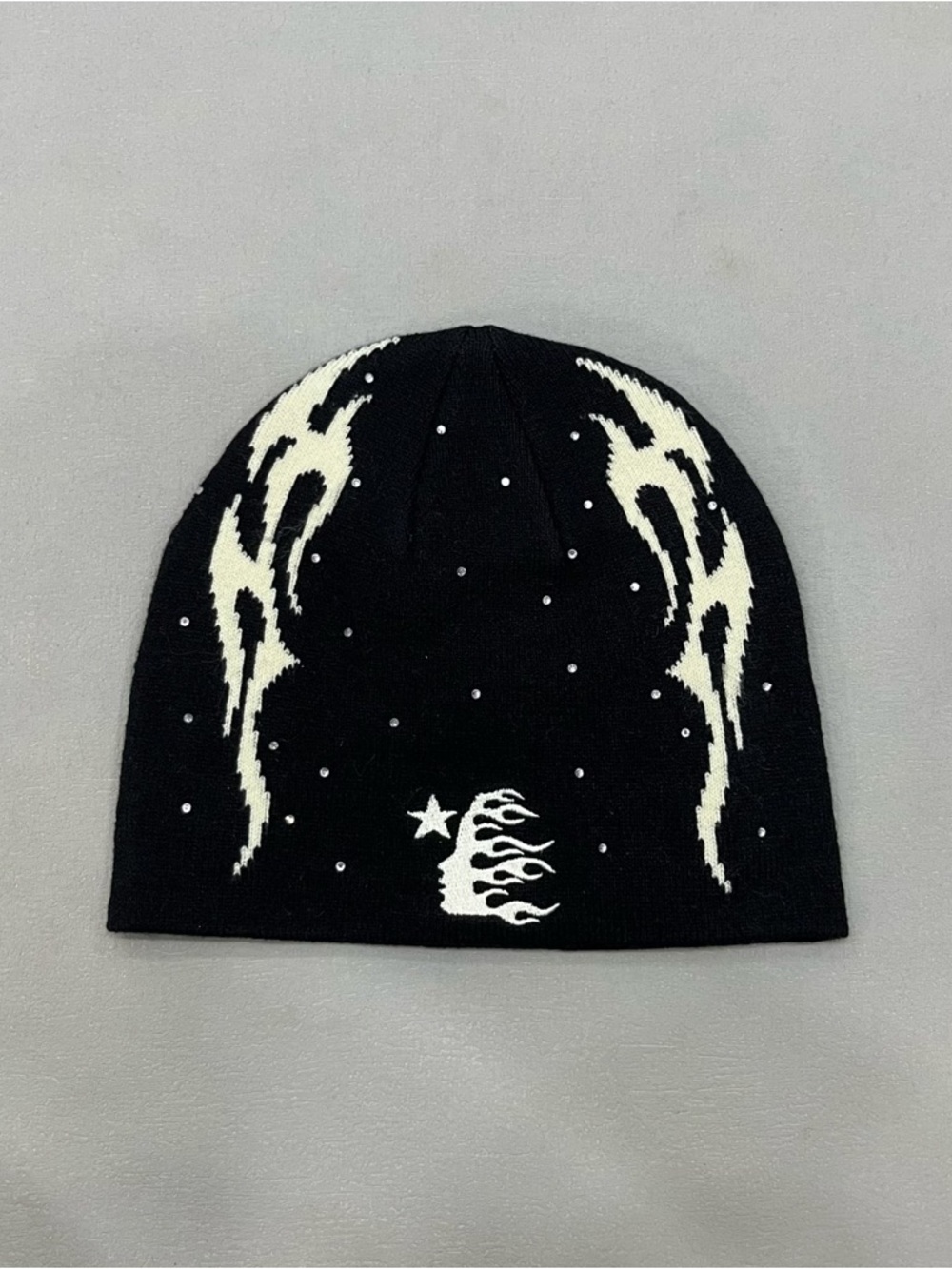 Black Beanie Hat with White Flame Knit Design